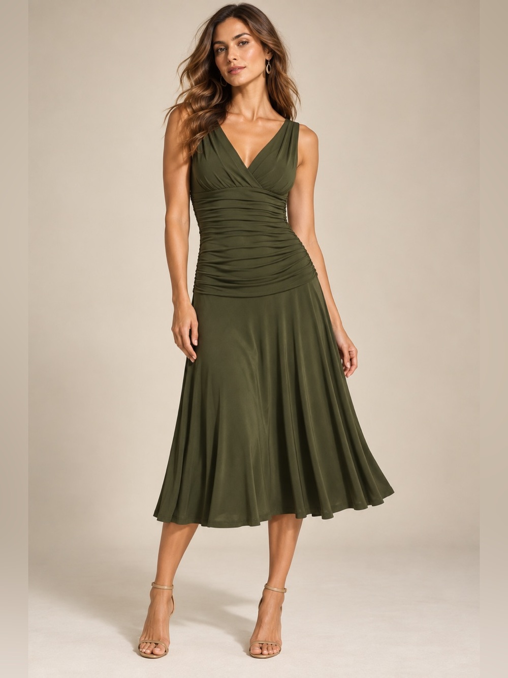 BCBGMAXAZRIA Olive Green Ruched Faux Wrap Fit & Flare Midi Dress - Large